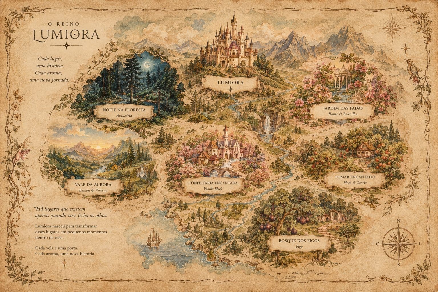 Mapa ilustrado do Reino Lumiora com Noite na Floresta, Jardim das Fadas, Vale da Aurora, Confeitaria Encantada, Pomar Encantado e Bosque dos Figos